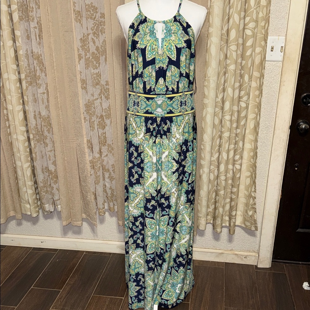 London Times Navy and Green Paisley Maxi Dress